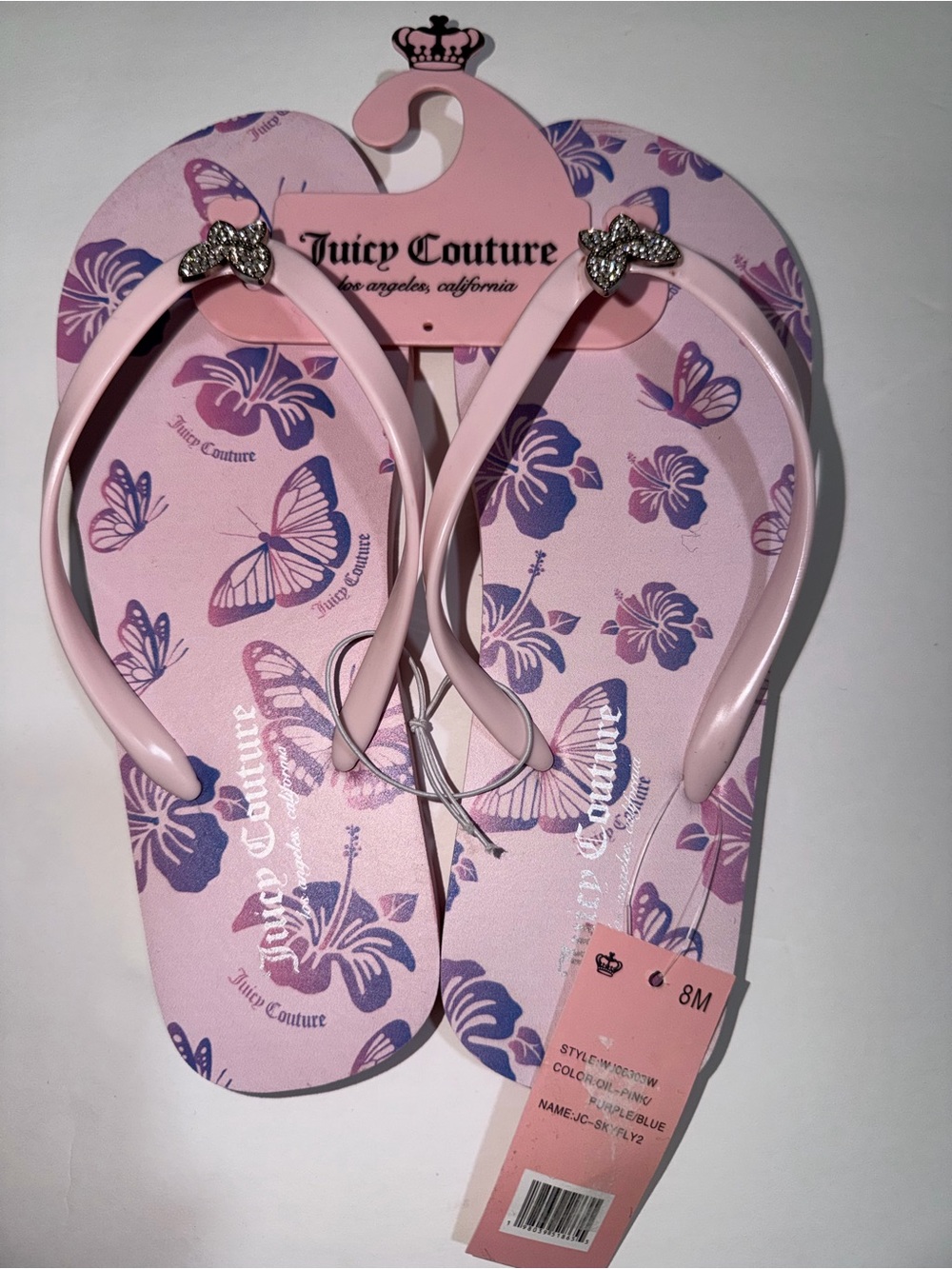 Juicy Couture Pink Butterfly & Floral Flip Flops with Rhinestone Bows